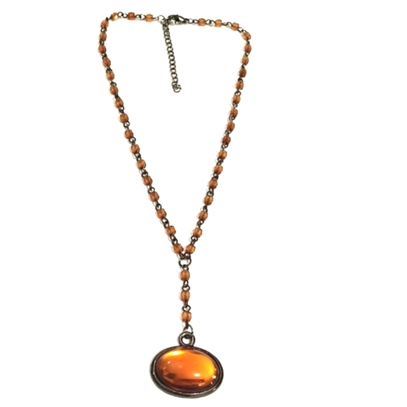 VINTAGE FAUX GLASS AMBER PENDANT BEADED CHAIN Y-SHAPED LARIAT 14-17" NECKLACE - Picture 9 of 9